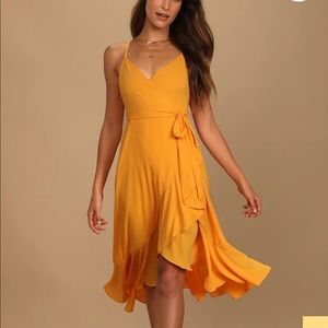 Lulu’s Manhattan Moment Ruffled Midi Wrap Dress in Bright Orange